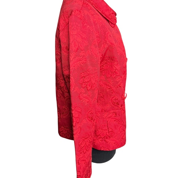 Talbots Jacket Pea Coat Large Red Floral Brocade Double Breasted Fully Lined - Picture 2 of 16